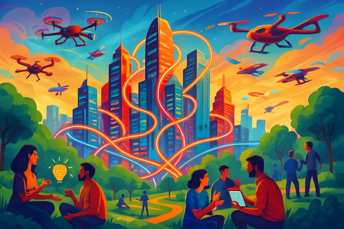A vibrant digital artwork depicting a dynamic, interconnected cityscape symbolizing innovation and collaboration. The scene features futuristic skyscrapers with various architectural styles, interconnected by glowing pathways representing the flow of knowledge and ideas. Surrounding the city are lush, green parks with people engaging in creative activities and discussions. In the sky, colorful drones and flying vehicles emphasize technology and innovation, creating a sense of movement and progress. The composition captures a harmonious blend of nature and technology, symbolizing the innovative ecosystem. The image is rendered in high definition to accentuate the details and vivid colors.