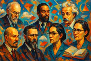 High-definition digital artwork depicting a dynamic, colorful collage of various iconic thinkers and philosophers from sociology, each portrayed in a distinctive and expressive style. The background is an abstract blend of books, clouds, and geometric shapes, symbolizing expansive thought and intellectual discovery. This vibrant scene conveys a sense of depth and complexity, inviting viewers into a world of sociological theories and dialogues without depicting any textual or conceptual elements directly.